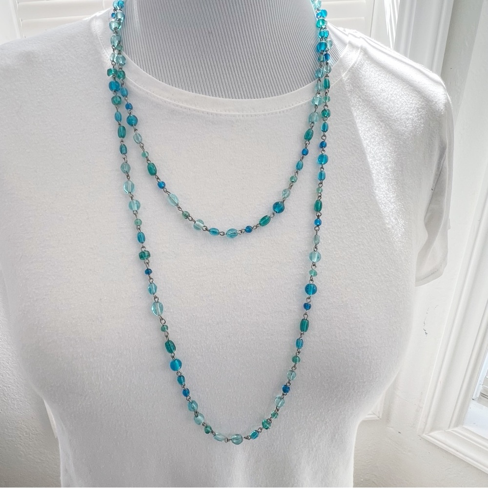 AEO Long Necklace in Shades of Blue Glass Beads and Silver Chain